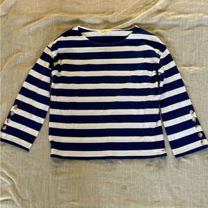 Sezane Navy and White Colette Marinier Striped Top with Button Accents